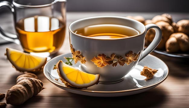 a cup of tea and a plate with a lemon wedge on it