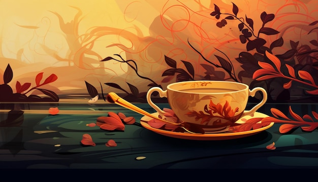 a cup of tea and a saucer with leaves on the table