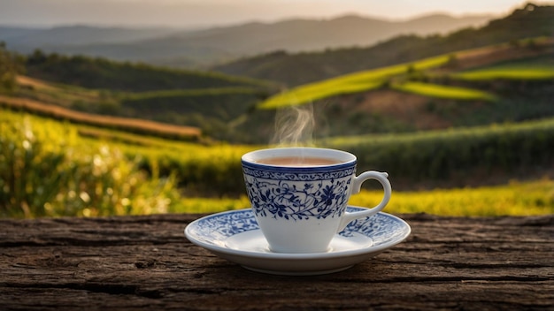 a cup of tea and a saucer with a view of the valley