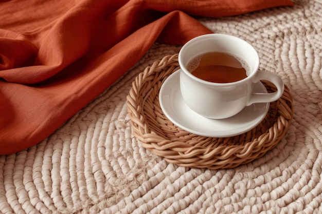 A cup of tea sits on a bed with a red cloth.