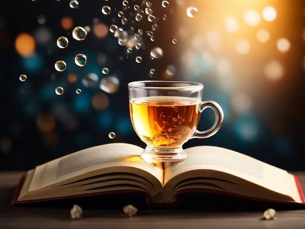 a cup of tea sits on a book with a book open to the side