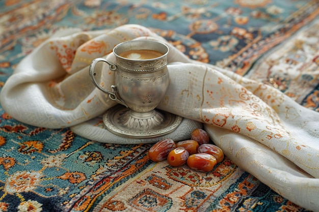 Photo a cup of tea sits on a cloth with a cloth that says  coffee