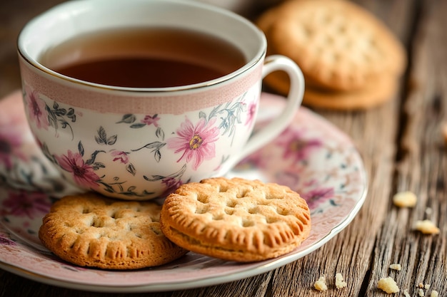 Photo a cup of tea sits next to cookies on a plate