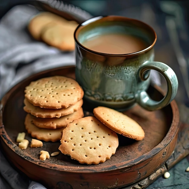 Photo a cup of tea sits on a plate with cookies and a cup of tea