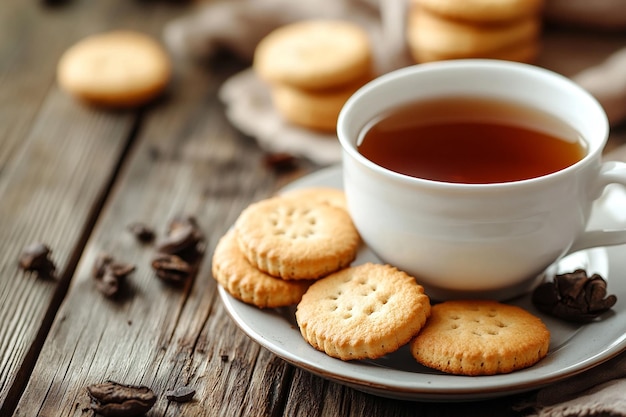 Photo a cup of tea sits on a plate with cookies on it