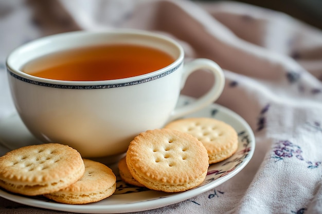 a cup of tea sits on a plate with cookies on it