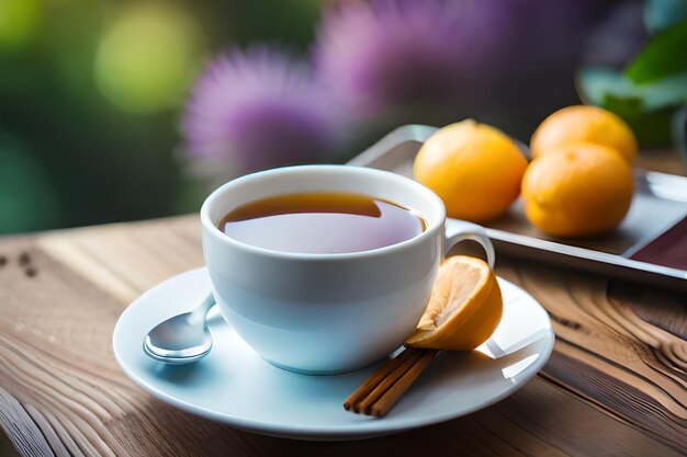 a cup of tea sits on a plate with a spoon and a cup of tea