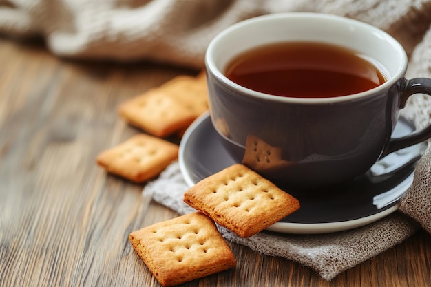 a cup of tea sits on a saucer with crackers