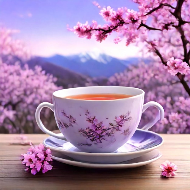 a cup of tea sits on a saucer with a purple background with a tree in the background