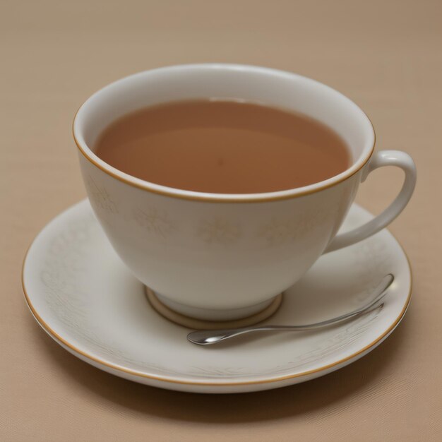 Photo a cup of tea sits on a saucer with a spoon