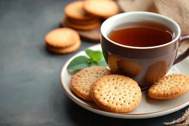 Photo a cup of tea sits next to some cookies and a cup of tea