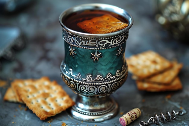 a cup of tea sits next to some cookies