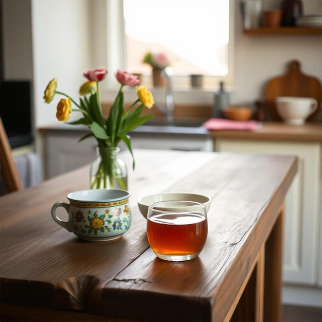 Photo a cup of tea sits on a table next to a cup of tea