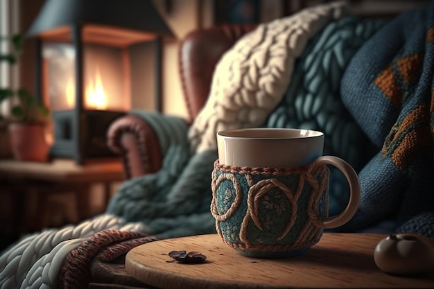 A cup of tea sits on a table in front of a fire.