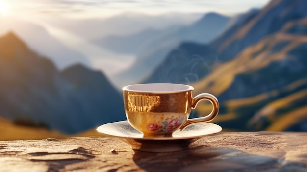 A cup of tea sits on a table in front of a mountain landscape.