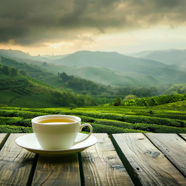 a cup of tea sits on a table in front of a tea plantation background