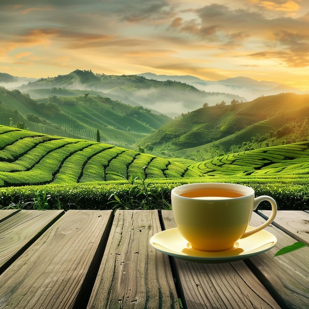 a cup of tea sits on a table in front of a tea plantation background