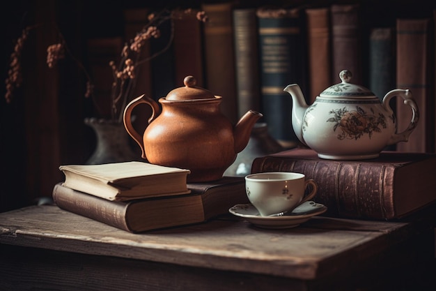 A cup of tea sits on a table next to a stack of books.