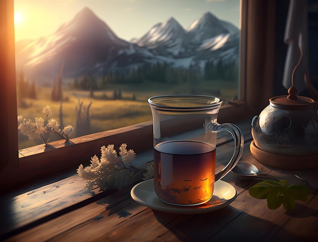 A cup of tea sits on a table next to a window with mountains in the background