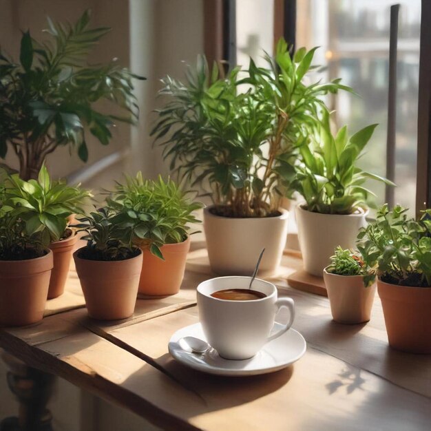 Photo a cup of tea sits on a table with a spoon in it