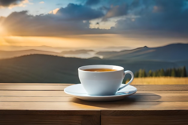 a cup of tea sits on a table with a sunset in the background