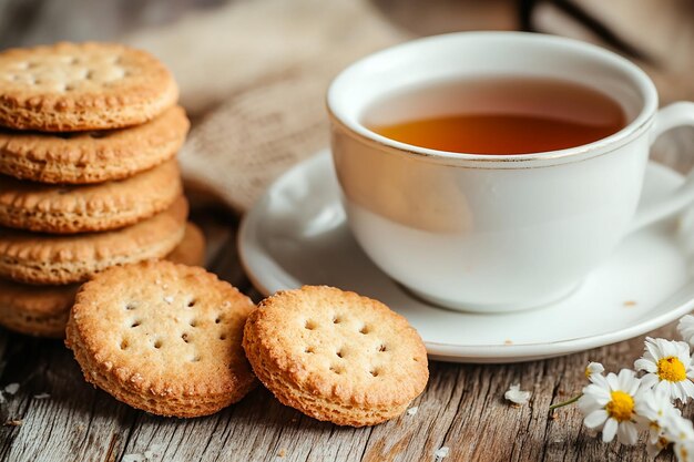 Photo a cup of tea sits on a table with a tea cup on it