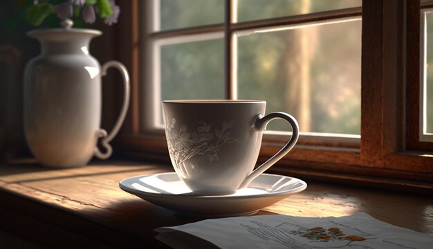 A cup of tea sits on a windowsill next to a book.