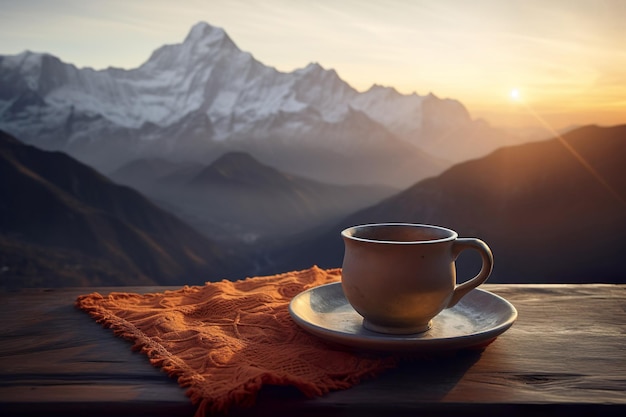 A cup of tea sitting on a table with a view of themountain in the background generative ai