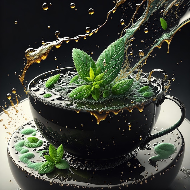 cup of tea splashing splashing mint leaves