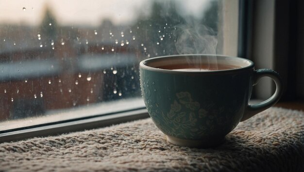 A cup of tea steamed on the windowsill with raindrops