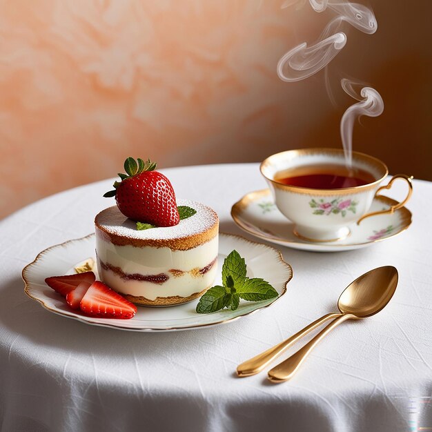 Photo a cup of tea and a strawberry cake on a table