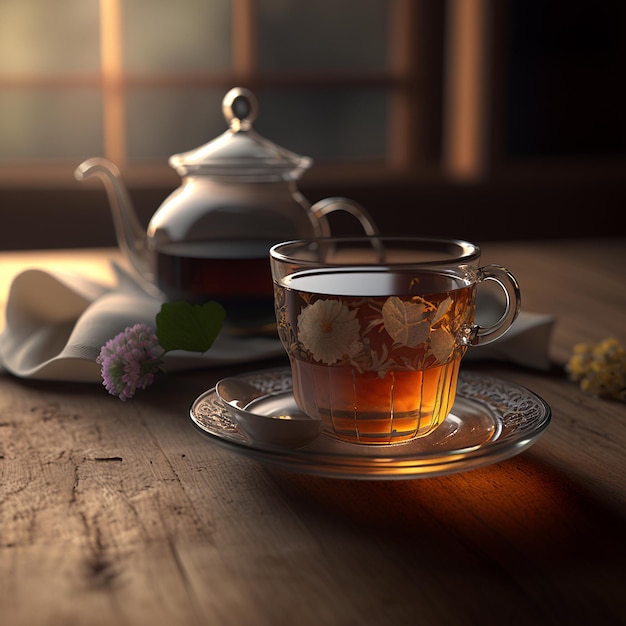 Cup of tea table dark background wallpaper image Ai generated art