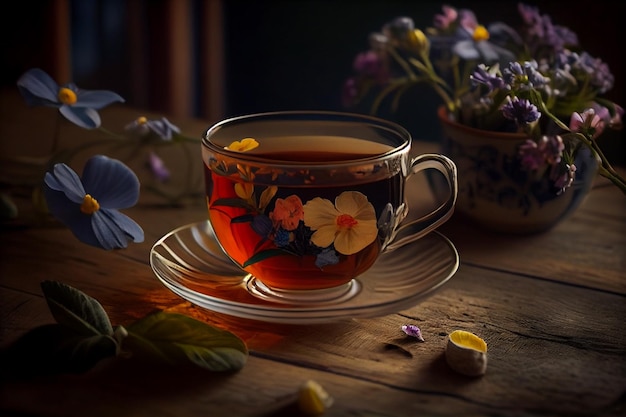 Cup of tea on the table with flowersgenerative ai