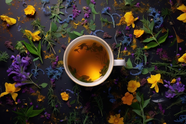 Cup of tea on a tea herbs background