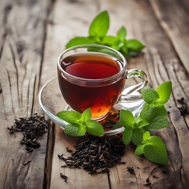 a cup of tea and tea on a wooden table