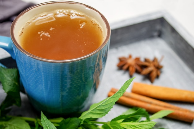  A cup of tea on a tray with a bunch of mint