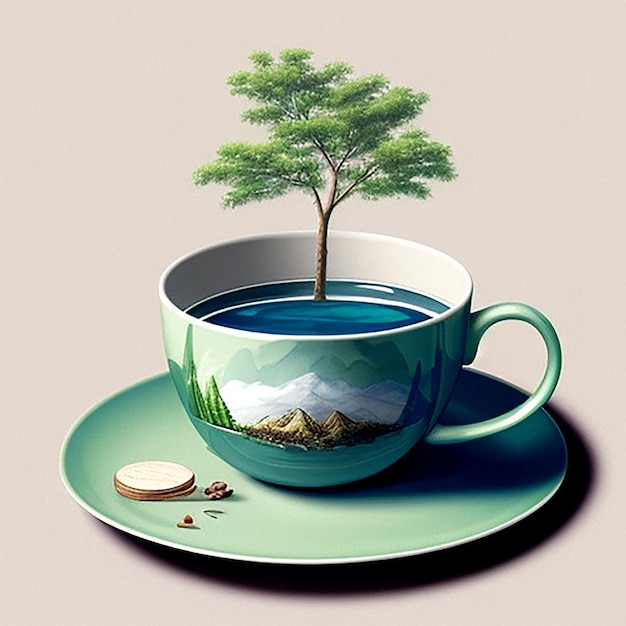 a cup of tea and a tree on a plate with a cup of tea