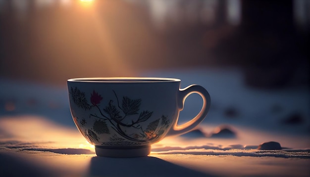 Cup of tea in the winter forestgenerative ai