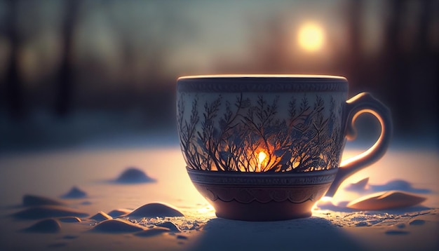 Cup of tea in the winter forestgenerative ai