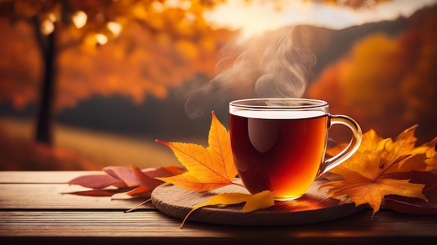 a cup of tea with autumn leaves on a table