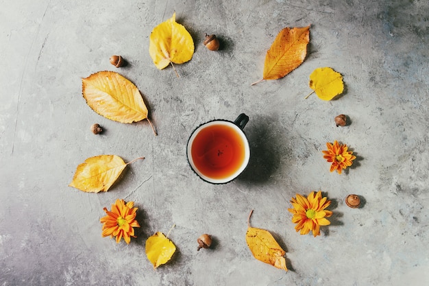 Cup of tea with autumn leaves