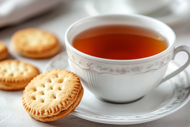 Cup of tea with biscuits on table