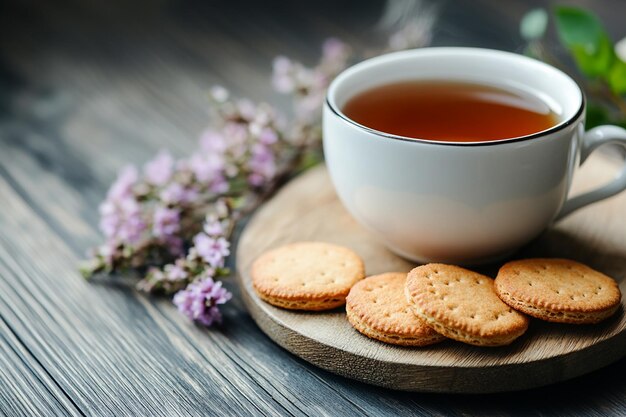 Cup of tea with biscuits on table