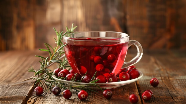 a cup of tea with a bunch of cranberries on a wooden table