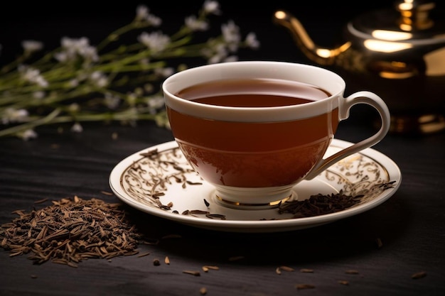 a cup of tea with cinnamon and cinnamon on a plate.