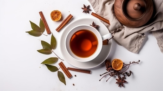 A cup of tea with cinnamon sticks and anise star anise on a white table.