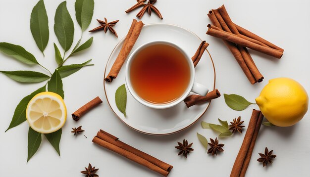 a cup of tea with cinnamon sticks and cinnamon sticks on a table