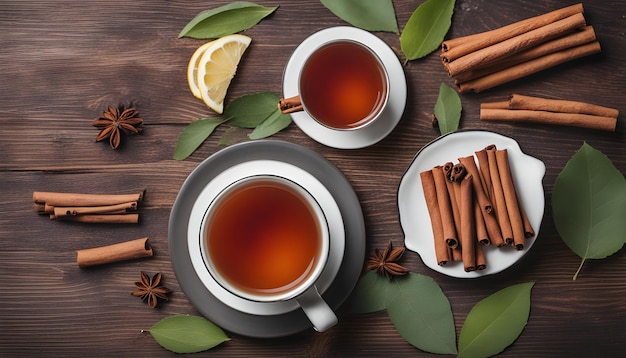 a cup of tea with cinnamon sticks and leaves on a wooden background