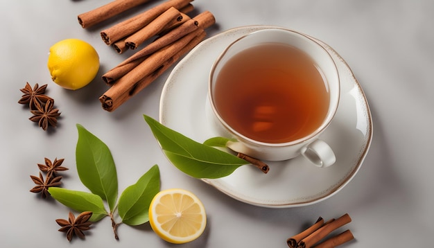 a cup of tea with cinnamon sticks and mint leaves on a white plate