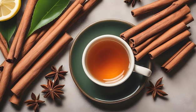 a cup of tea with cinnamon sticks on a saucer and a green leaf